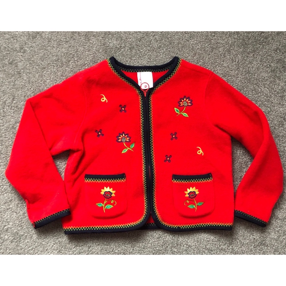 ๐HP๐HANNA ANDERSSON Red Zip-Up Sweater w/Flower - Picture 1 of 4
